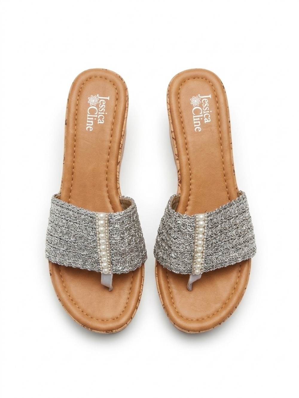 Jessica Cline Silver Pearl-Trim Woven Slide Sandals